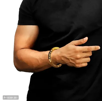De-Ultimate (2 x 10 Size) Golden Color Trending Stainless Steel Metal WaheGuru Ji Punjabi Khanda Sikh Sardar Khalsa Symbol/Logo Hand Cuff Sarbloh Sharp Teeth Chakkri Zig Zag Design Wrist Kada-thumb3