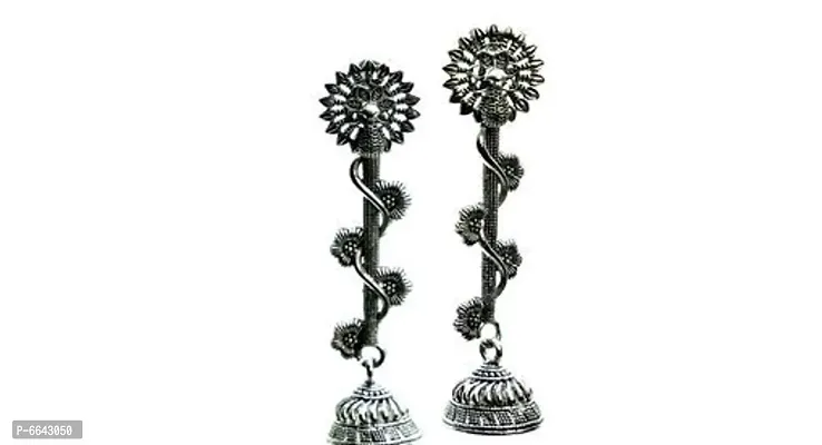 Alluring Alloy Silver Longs Peacock Style Oxidized Earrings For Women-thumb0