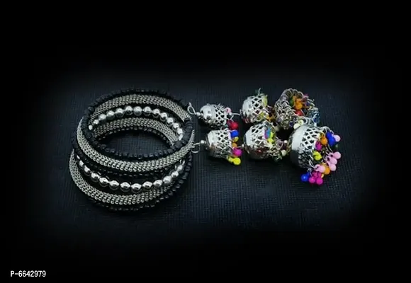 Stylish Silver Oxidized Jewellery Jhumki Latkan Adjustable Bangle For Women-thumb0