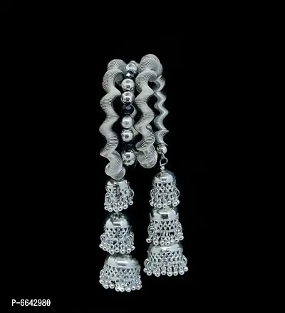 Stylish Silver Oxidized Jewellery Jhumki Latkan Adjustable Bangle For Women