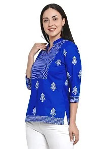 PIOUSPICK Women Cotton Block Printed Short Straight top (PT0027,Royal Blue, White)-thumb3