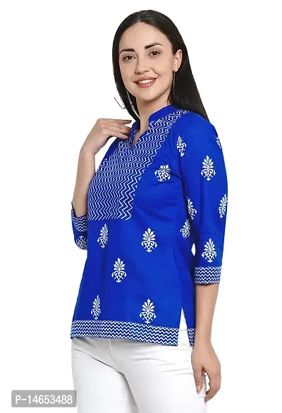 PIOUSPICK Women Cotton Block Printed Short Straight top (PT0027,Royal Blue, White)-thumb4