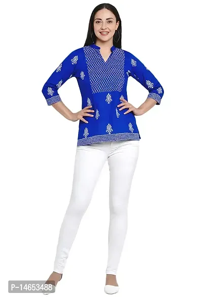 PIOUSPICK Women Cotton Block Printed Short Straight top (PT0027,Royal Blue, White)-thumb6