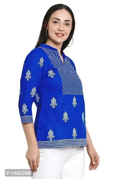 PIOUSPICK Women Cotton Block Printed Short Straight top (PT0027,Royal Blue, White)-thumb5