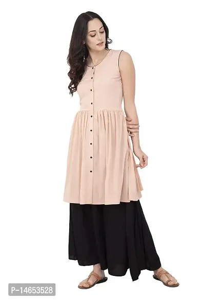 PIOUSPICK Women Faux Crepe Solid Sleeveless Gathered Waist Short Kurta (SK0096, Peach)-thumb2