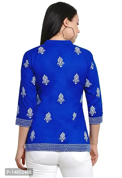 PIOUSPICK Women Cotton Block Printed Short Straight top (PT0027,Royal Blue, White)-thumb3