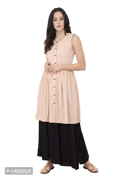 PIOUSPICK Women Faux Crepe Solid Sleeveless Gathered Waist Short Kurta (SK0096, Peach)-thumb5