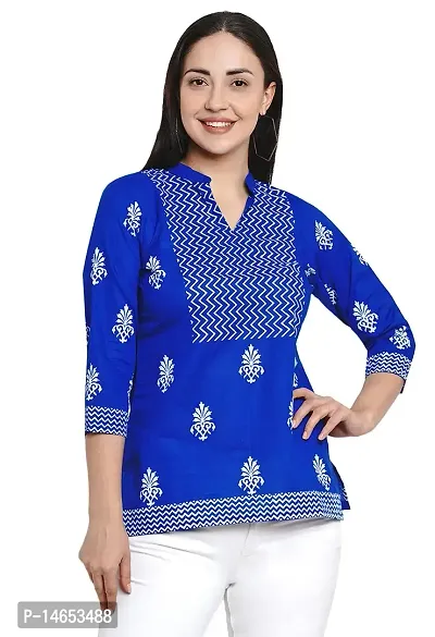 PIOUSPICK Women Cotton Block Printed Short Straight top (PT0027,Royal Blue, White)-thumb1