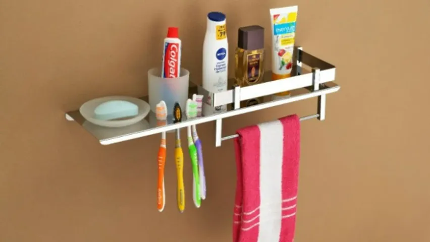 Character Stainless Steel 4 in 1 Multipurpose Bathroom Shelf/Rack/Towel Hanger/Tumbler Holder/Soap Dish/Bathroom Accessories (18 x 5 Inches)