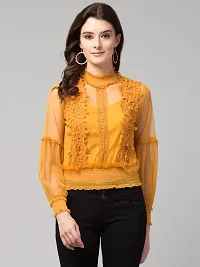 Thrifty Thread Women's Regular Fit Cotton Net Lace Flower Smoking Mustard Top (Large)-thumb5