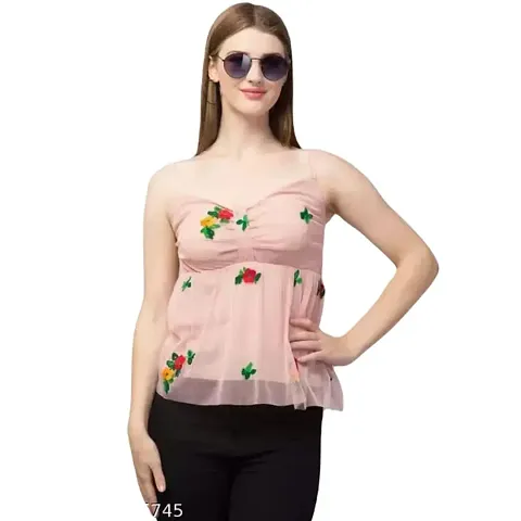 Thrifty Thread Women's Regular Fit Cotton Trendy Embroidery Flower Net Top