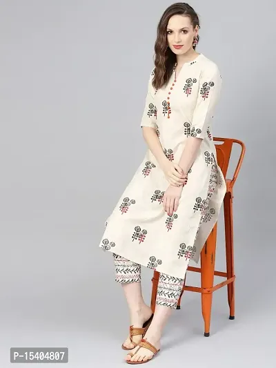 Stich Plus Women's Cotton Blend Straight Printed Kurta with Pant-thumb0