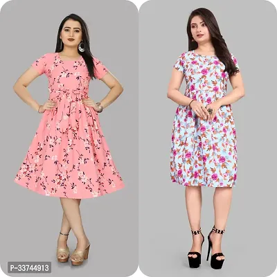 Stylish Multicoloured Crepe Printed A-Line Dress For Women Pack Of 2-thumb0