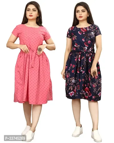 Stylish Multicoloured Crepe Printed A-Line Dress For Women Pack Of 2-thumb0