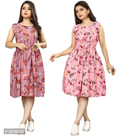 Stylish Pink Crepe Printed A-Line Dress For Women Pack Of 2-thumb0