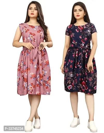 Stylish Multicoloured Crepe Printed A-Line Dress For Women Pack Of 2-thumb0