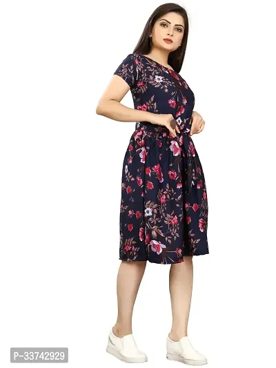 Stylish Navy Blue Crepe Printed A-Line Dress For Women-thumb0