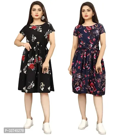 Stylish Multicoloured Crepe Printed A-Line Dress For Women Pack Of 2