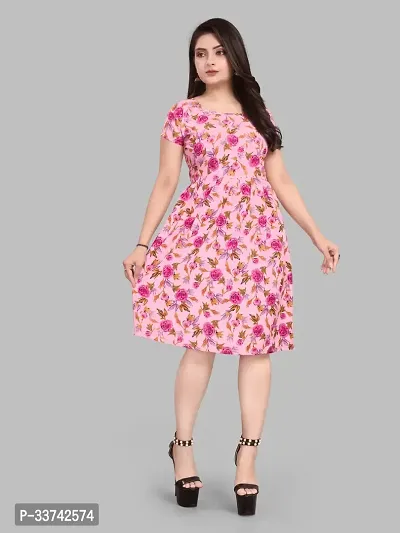 Stylish Pink Crepe Printed A-Line Dress For Women-thumb0