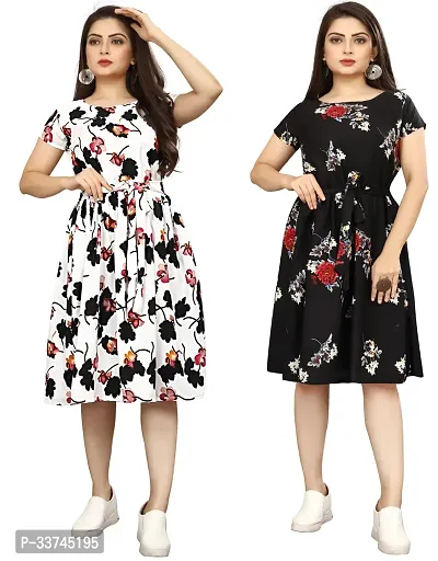 Stylish Multicoloured Crepe Printed A-Line Dress For Women Pack Of 2-thumb0