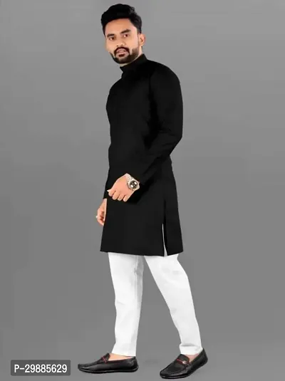 Reliable Black Cotton Blend Solid Knee Length Kurta For Men-thumb3