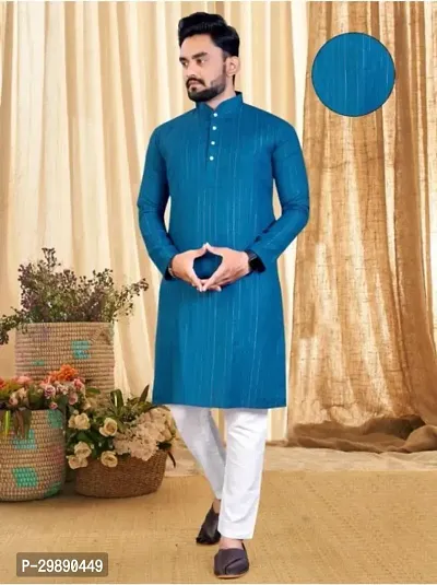 Reliable Blue Cotton Blend Striped Knee Length Kurta For Men