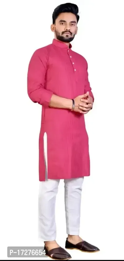 Oversized Mens Lining Cotton Blend Full Sleeve Henley Neck Mid Thigh Length Kurta (MK-116_Pink_Large)-thumb5