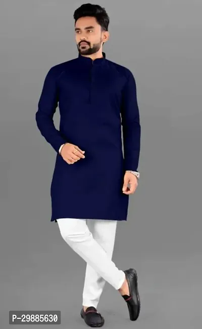 Reliable  Navy Blue Cotton Blend Solid Knee Length Kurta For Men