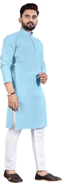 Reliable Blue Cotton Blend Solid Knee Length Kurta For Men-thumb2