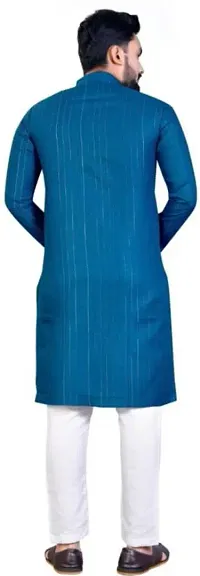 Reliable Blue Cotton Blend Striped Knee Length Kurta For Men-thumb1