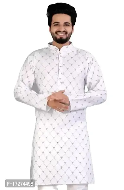 Oversized Mens Cotton Blend Full Sleeve Henley Neck Waist Length Printed Kurta (MK-120)