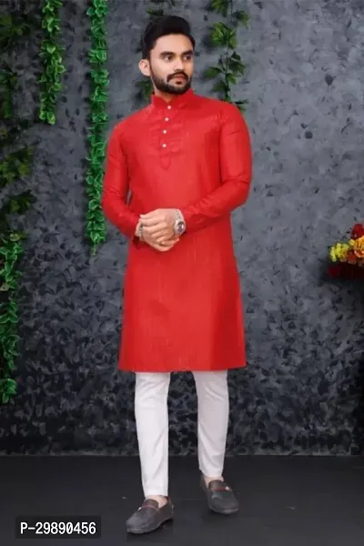 Reliable Red Cotton Blend Striped Knee Length Kurta For Men