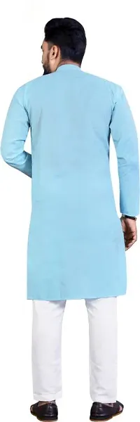 Reliable Blue Cotton Blend Solid Knee Length Kurta For Men-thumb1