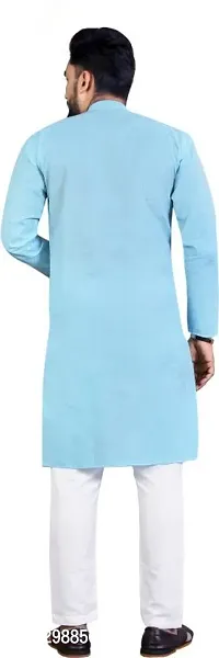 Reliable Blue Cotton Blend Solid Knee Length Kurta For Men-thumb2