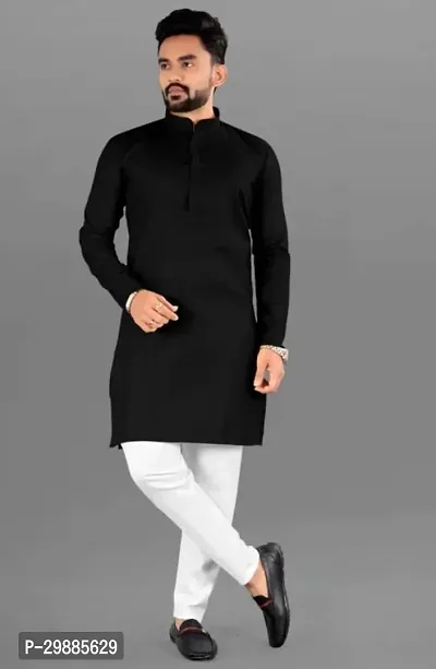 Reliable Black Cotton Blend Solid Knee Length Kurta For Men