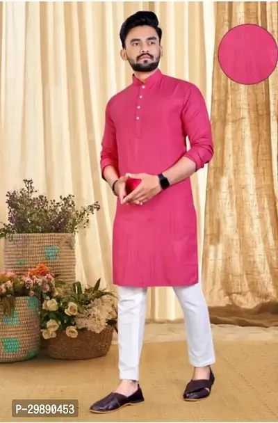 Reliable Pink Cotton Blend Striped Knee Length Kurta For Men