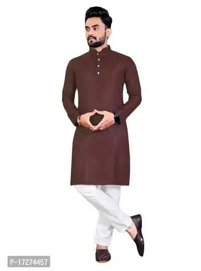 Oversized Mens Cotton Blend Full Sleeve Henley Neck Mid Thigh Length Lining Kurta (MK-113)