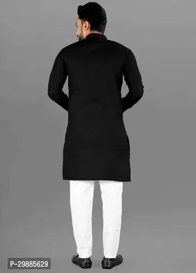 Reliable Black Cotton Blend Solid Knee Length Kurta For Men-thumb2