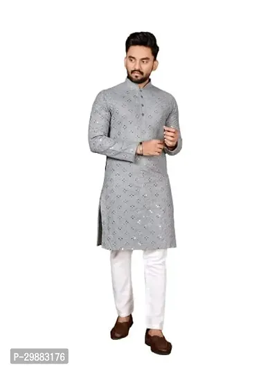 Reliable Grey Cotton Blend Embroidered Straight Kurta For Men