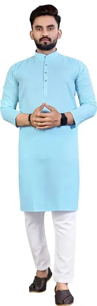 Reliable Blue Cotton Blend Solid Knee Length Kurta For Men-thumb0