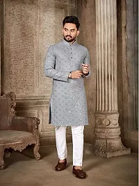 Reliable Grey Cotton Blend Embroidered Straight Kurta For Men-thumb2