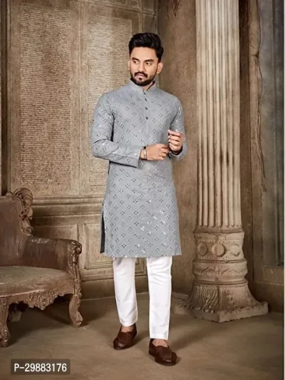 Reliable Grey Cotton Blend Embroidered Straight Kurta For Men-thumb3