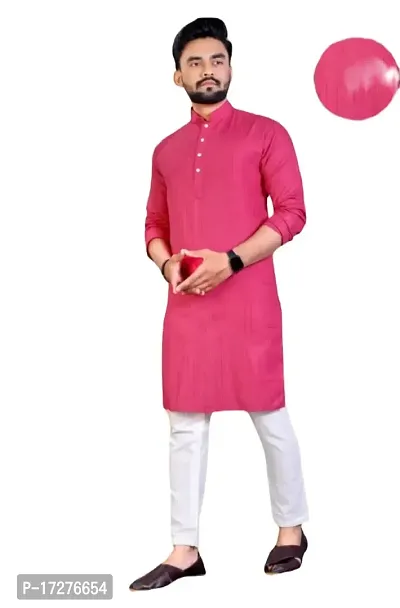 Oversized Mens Lining Cotton Blend Full Sleeve Henley Neck Mid Thigh Length Kurta (MK-116_Pink_Large)-thumb0