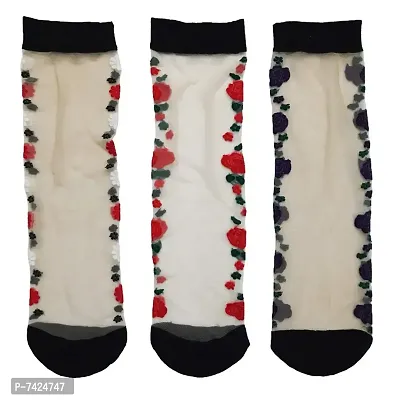 Womens and Girls Ultra-Thin Transparent Floral Printed Socks - Pack of 3 Pairs-thumb0