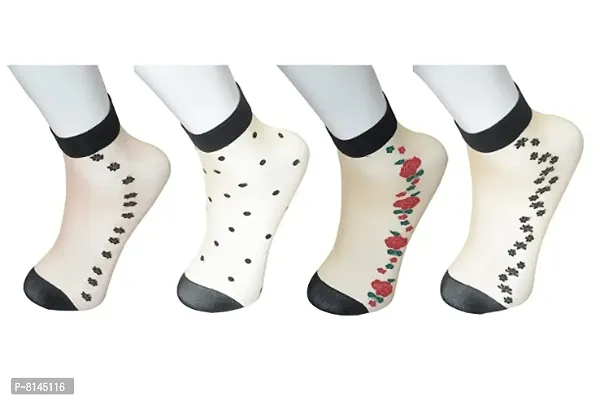 Womens Floral Print Ankle Length Socks (Multicolour, Free Size) - Pack of 4