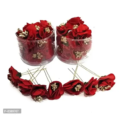 Hair Flower Fancy Bun Metal Jura pins Pack Of 8 red Rose Hair Accessories/Fancy Juda Pins /Clips for Bun Decoration/Juda pins for Bridal Hair for Women and Girls Bobby U Shape Pins-thumb0