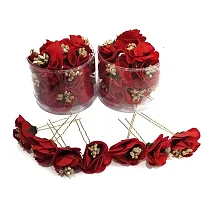 Hair Flower Fancy Bun Metal Jura pins Pack Of 8 red Rose Hair Accessories/Fancy Juda Pins /Clips for Bun Decoration/Juda pins for Bridal Hair for Women and Girls Bobby U Shape Pins-thumb1