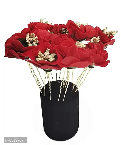 Hair Flower Fancy Bun Metal Jura pins Pack Of 8 red Rose Hair Accessories/Fancy Juda Pins /Clips for Bun Decoration/Juda pins for Bridal Hair for Women and Girls Bobby U Shape Pins-thumb3