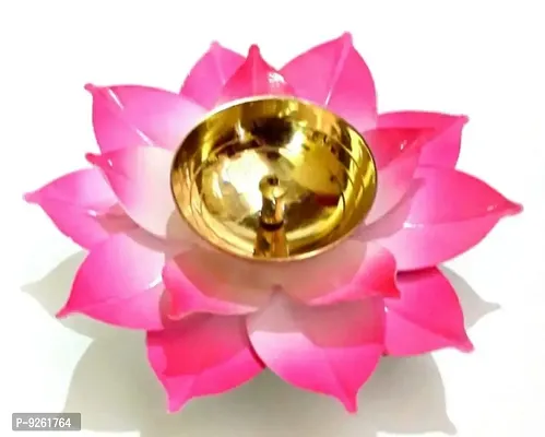 Brass  Iron Lotus Shape Pink Color Akhand Diya , Table Deepak , Oil Lamp, Size 6 Inch-thumb0