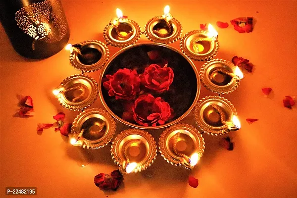 Diya Shape Flower Brass Decorative Urli Bowl for Home Handcrafted Bowl for Floating Flowers and Tea Light Candles Home ,Office and Table Decor| Diwali Decoration Items for Home ( 10 Inches)-thumb0